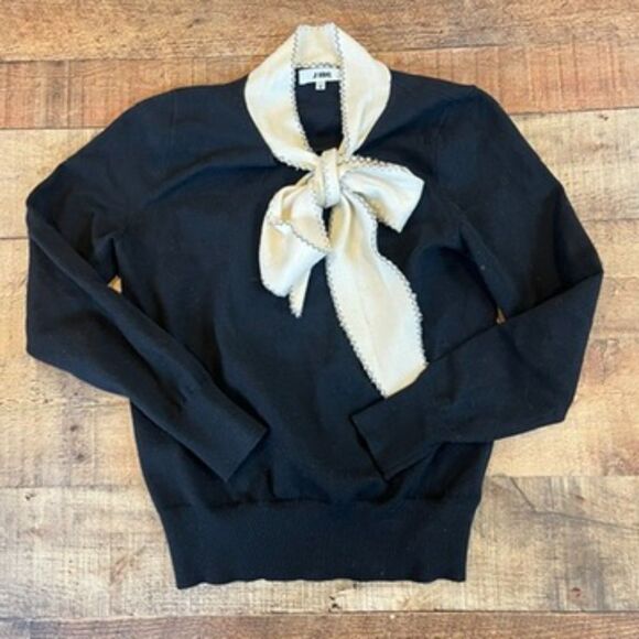 J.ING Black Cream Sweater Neck Tie Bow Wool Blend Small - Picture 8 of 9